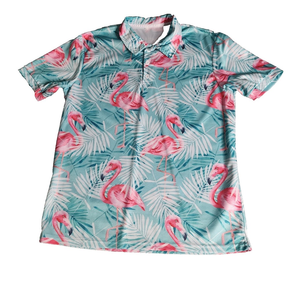Golf Men's XL‎ Polo Short Short Sleeve Pink Flamingos Floral Summer Vacation